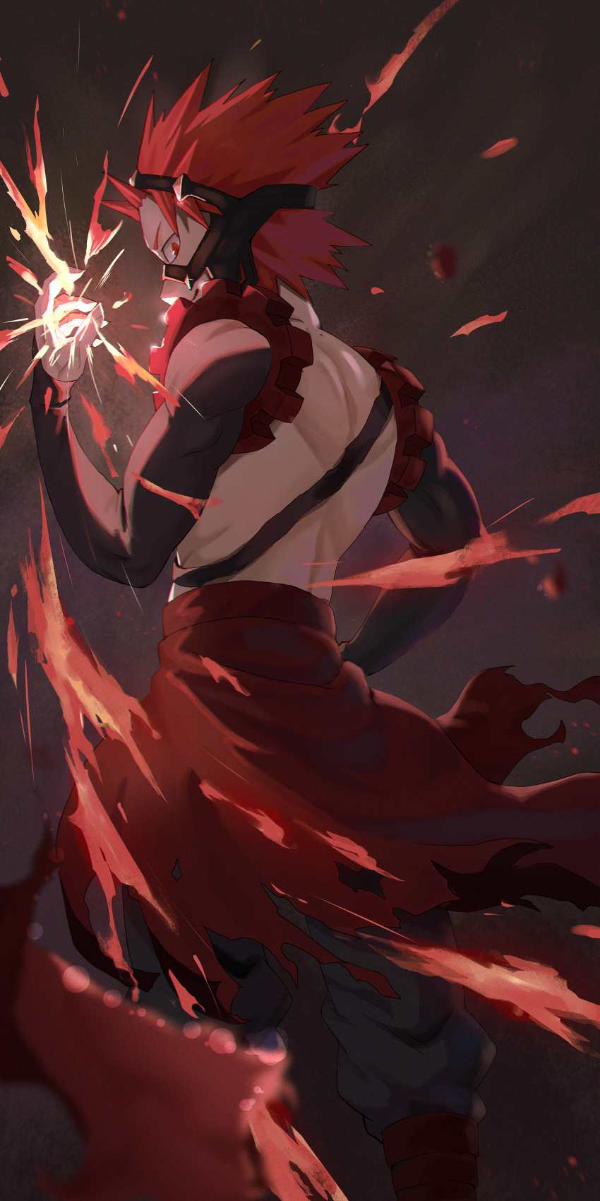 1boy absurdres black_pants boku_no_hero_academia hand_up highres kirishima_eijirou male_focus matsumotoshinnnosuke pants red_eyes red_hair short_hair solo spiked_hair superhero