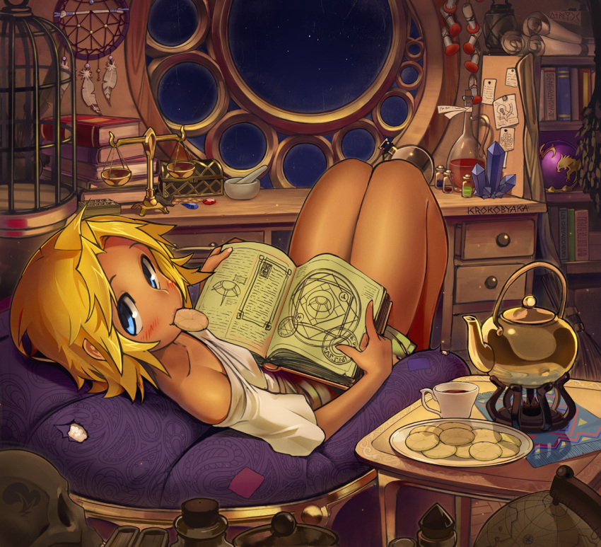 1girl bare_legs bean_bag_chair birdcage blonde_hair blue_eyes blush book book_stack bookshelf borrowed_character cage chair collarbone cookie crystal cup dark-skinned_female dark_skin drawer dream_catcher feathers flask food food_in_mouth gem globe hair_intakes holding holding_book index_finger_raised indoors krokobyaka legs_folded loaded_interior looking_at_viewer looking_back lying magic_circle mortar_(bowl) mouth_hold night off_shoulder oil_lamp on_back open_book pestle plate round-bottom_flask round_window scales scroll shirt short_hair shorts signature skull solo spiked_hair star_(symbol) table tea teacup teapot teapot_warmer thighs tild_-_mage_a_louer tild_framith vial white_shirt window wooden_table