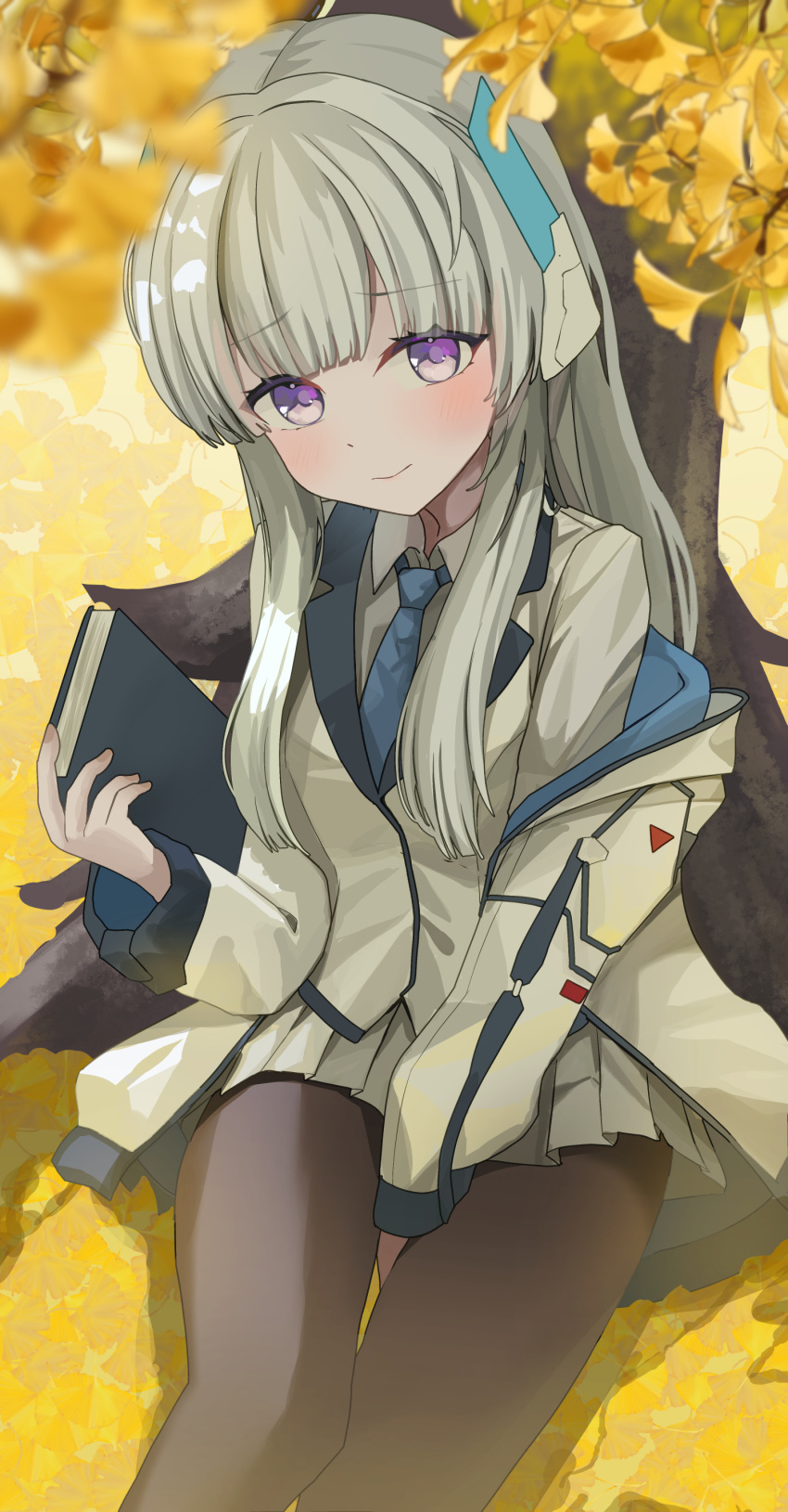 1girl absurdres autumn autumn_leaves black_pantyhose blue_archive blue_necktie blush book closed_mouth collared_shirt feet_out_of_frame ginkgo_leaf grey_hair guree_(haiiro) highres holding holding_book jacket leaf long_hair long_sleeves looking_at_viewer mechanical_arms necktie noa_(blue_archive) pantyhose purple_eyes shirt solo white_jacket white_shirt