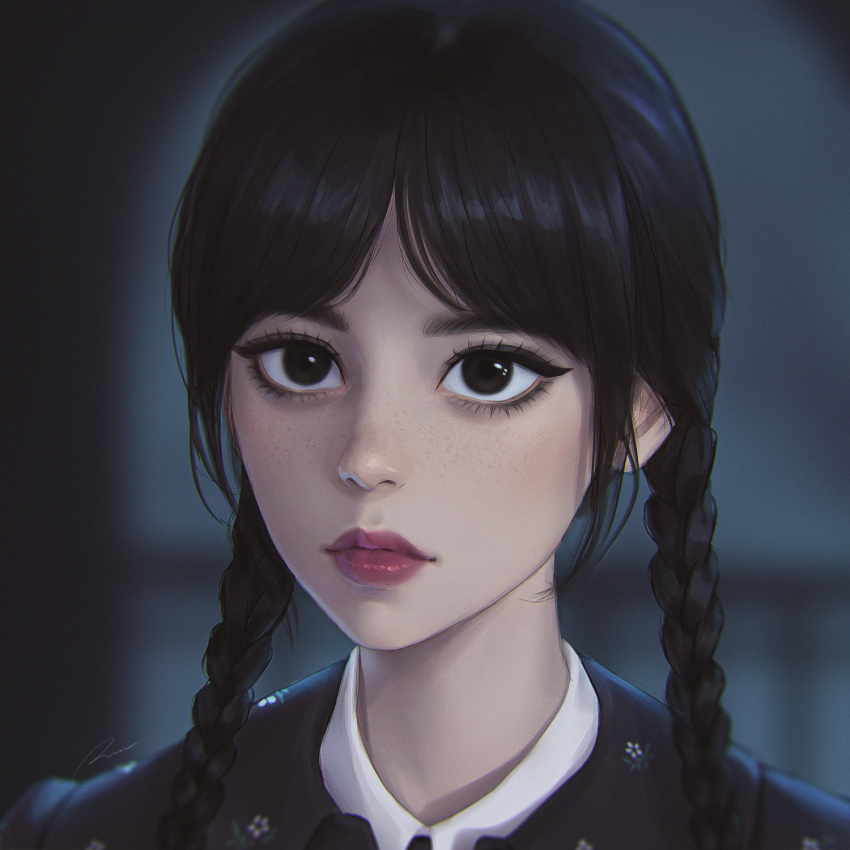 1girl addams_family black_eyes black_hair blurry blurry_background braid highres lips long_hair looking_at_viewer parted_bangs portrait solo twin_braids umigraphics wednesday_(netflix) wednesday_addams