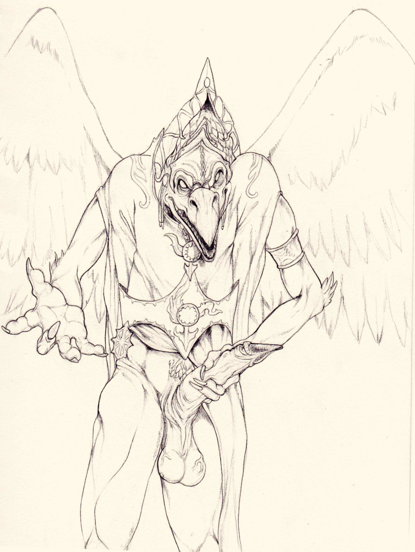 absurd_res anthro avian balls beak bird demon feathered_wings feathers genitals hi_res holding_penis looking_at_viewer lord_of_change male monochrome penis robe_lift solo vein veiny_balls warhammer_(franchise) wings