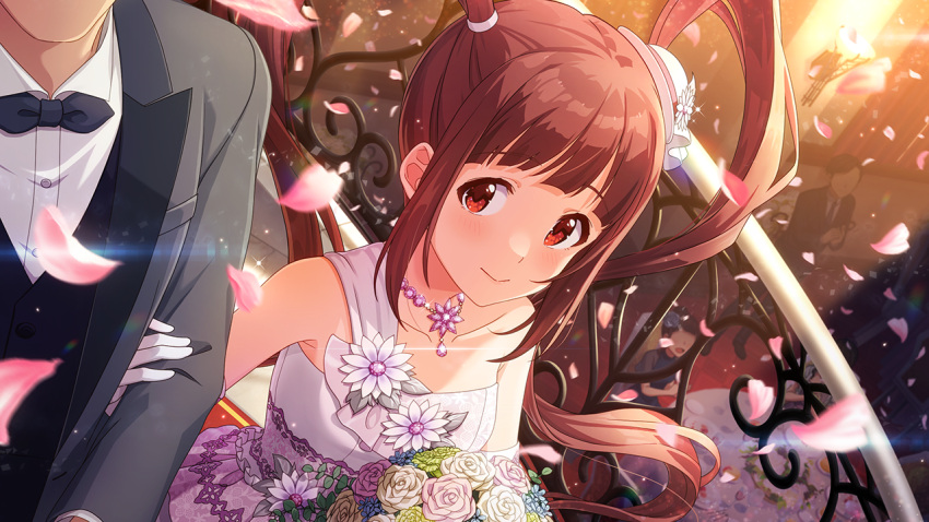 1boy 1girl blush bouquet church dress holding holding_another's_arm holding_bouquet idolmaster idolmaster_million_live! idolmaster_million_live!_theater_days jewelry matsuda_arisa official_art petals red_eyes red_hair smile tuxedo twintails wedding_dress