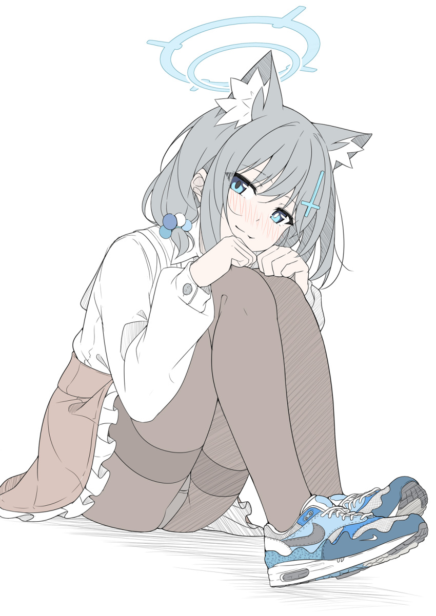 1girl animal_ear_fluff animal_ears black_pantyhose blue_archive blue_eyes blue_footwear blue_halo blush breasts cross_hair_ornament grey_hair hair_ornament halo highres looking_at_viewer masabodo medium_breasts nike pantyhose shiroko_(blue_archive) shoes simple_background sitting smile sneakers solo underwear white_background