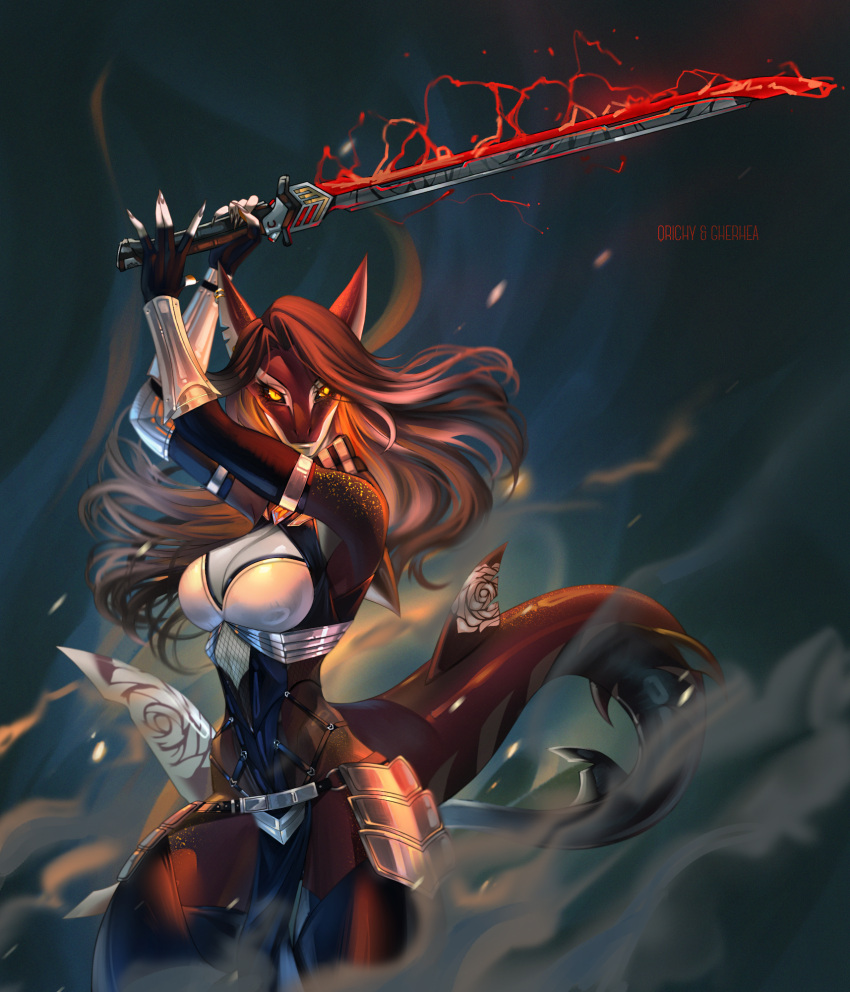 anthro armor armor_plates athletic athletic_female dark_hair dust ear_piercing energy_sword female fin fish gherhea hands_above_head hi_res holding_object holding_weapon looking_at_viewer marine melee_weapon orange_eyes piercing qrichy red_body rose_(kamikazekit) shark smoke solo sparks standing sword weapon wielding_weapon