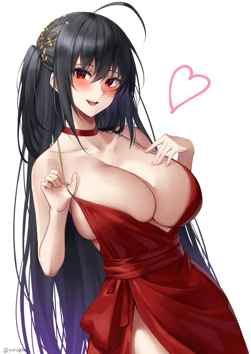 1girl :d ahoge azur_lane bare_shoulders blush bottle breasts choker collarbone dress evening_gown hair_ornament heart highres large_breasts long_hair one_side_up open_mouth red_choker red_dress side_slit simple_background smile solo spaghetti_strap strap_pull taihou_(azur_lane) taihou_(forbidden_feast)_(azur_lane) very_long_hair white_background yorugami_rei