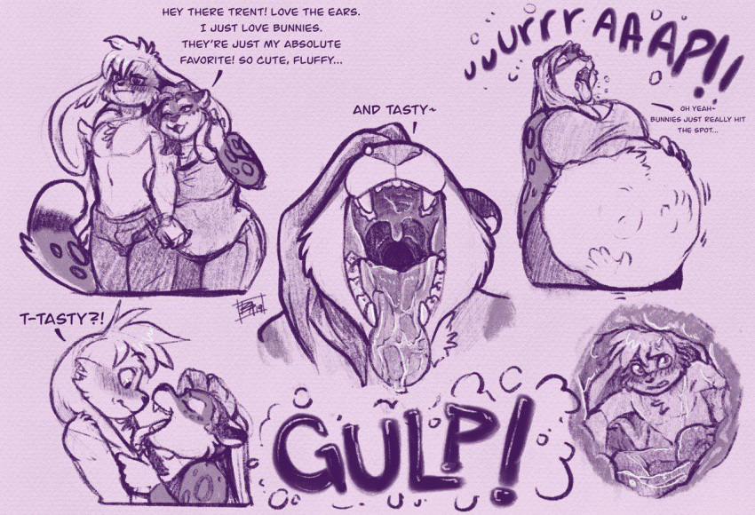2019 anthro anthro_pred anthro_prey belly big_belly big_breasts blizzie_(blizzieart) blizzieart bodily_fluids bottomwear breasts burping chubby_anthro chubby_female clothing digital_media_(artwork) duo felid female female_pred floppy_ears hand_imprint imprint inside_stomach internal lagomorph leporid licking long_ears lop_ears male male/female male_prey mammal motion_lines mouth_shot open_mouth oral_vore pantherine pants rabbit saliva saliva_on_tongue shirtless slightly_chubby snow_leopard swallowing talking_to_another tongue tongue_out trent_(gunmouth) undercut uvula vore