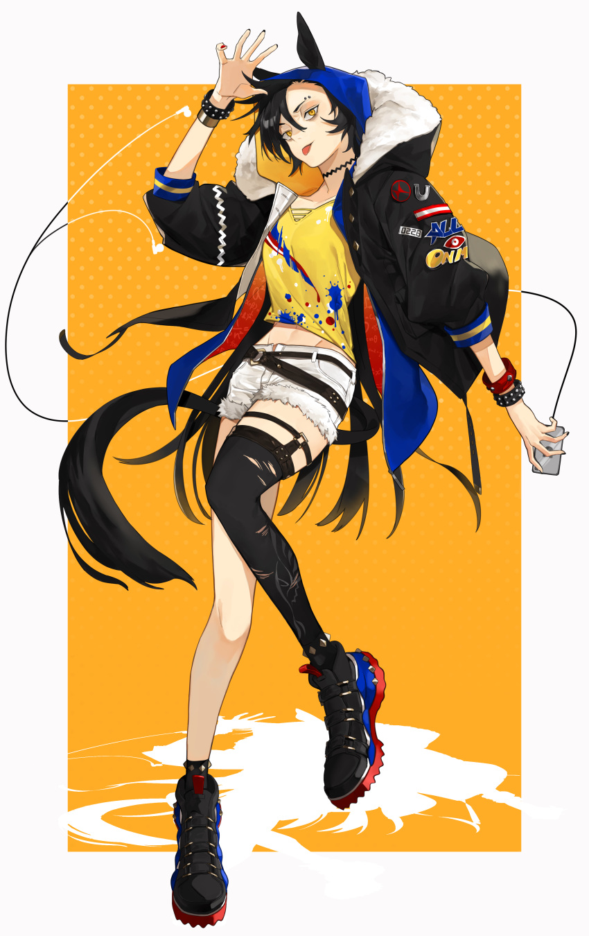 1girl absurdres adapted_costume air_shakur_(umamusume) animal_ears arm_up belt black_belt black_choker black_footwear black_hair black_nails black_thighhighs blue_hoodie blue_nails border bracelet cellphone chicken_(xfd7461) choker commentary_request earbuds earphones ears_through_headwear eyebrow_piercing full_body fur-trimmed_jacket fur_trim highres holding holding_phone hood hoodie horse_ears horse_girl horse_tail jacket jewelry long_hair long_sleeves looking_at_viewer midriff multicolored_nails multicolored_shirt nail_polish phone piercing puffy_sleeves red_nails shirt shoes shorts single_thighhigh smartphone sneakers solo spiked_anklet tail thighhighs tongue tongue_out torn_clothes torn_thighhighs umamusume white_border white_shorts yellow_background yellow_eyes yellow_nails yellow_shirt