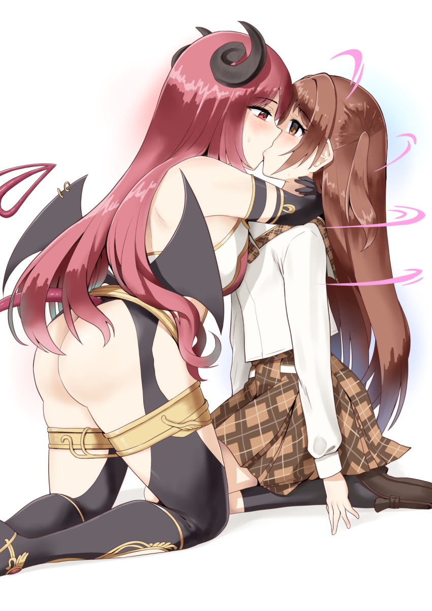 2girls bat_wings black_gloves black_horns black_socks black_thighhighs black_wings blush boots breasts brown_footwear brown_skirt collared_shirt demon_horns demon_tail empty_eyes energy_drain gloves highres horns io_(princess_connect!) kiss leotard long_hair medium_breasts minase_(takaoka_nanase) mind_control multiple_girls nozomi_(princess_connect!) piercing pleated_skirt princess_connect! red_eyes red_hair shirt shoes side_ponytail simple_background skirt small_breasts socks sweat sweatdrop tail thigh_boots thighhighs very_long_hair white_background white_leotard white_shirt wing_piercing wings yuri