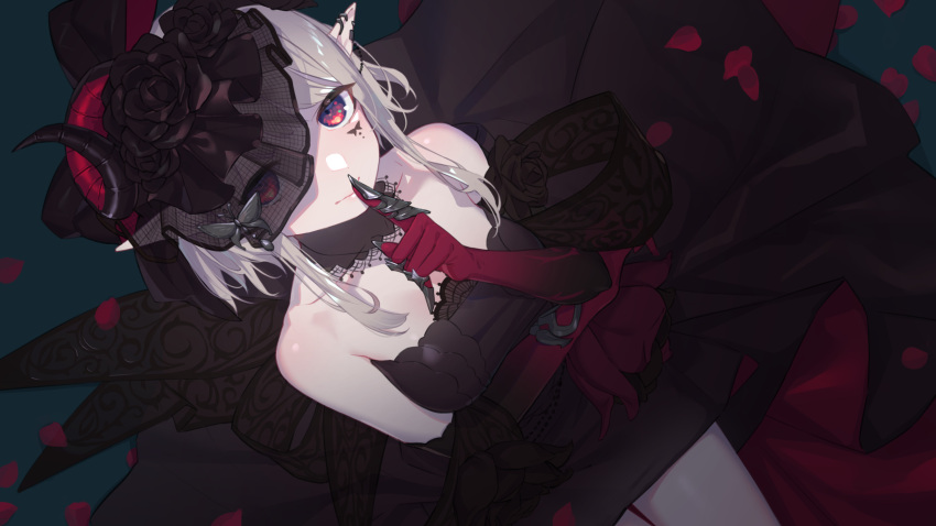 1girl bare_shoulders black_choker black_dress black_flower black_rose breasts choker demon_horns dress dutch_angle ear_piercing elbow_gloves elf elu_(nijisanji) facial_mark finger_to_mouth flower gloves gothic_lolita green_background hair_flower hair_ornament highres horns index_finger_raised lolita_fashion looking_at_viewer medium_breasts nijisanji nule3309 petals piercing pointy_ears red_eyes red_gloves red_sash rose sash short_dress short_hair_with_long_locks shushing smile solo strapless strapless_dress virtual_youtuber white_hair