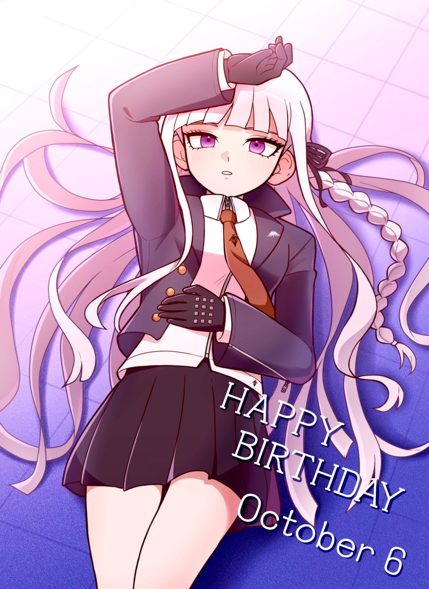 1girl arm_on_head arm_up black_ribbon blunt_bangs braid brown_necktie buttons cowboy_shot danganronpa:_trigger_happy_havoc danganronpa_(series) dated grey_hair hair_ribbon happy_birthday highres jacket kirigiri_kyoko kirin_(suzoke_1) long_hair lying miniskirt necktie on_back open_clothes open_jacket pink_eyes pleated_skirt purple_jacket ribbon side_braid skirt solo