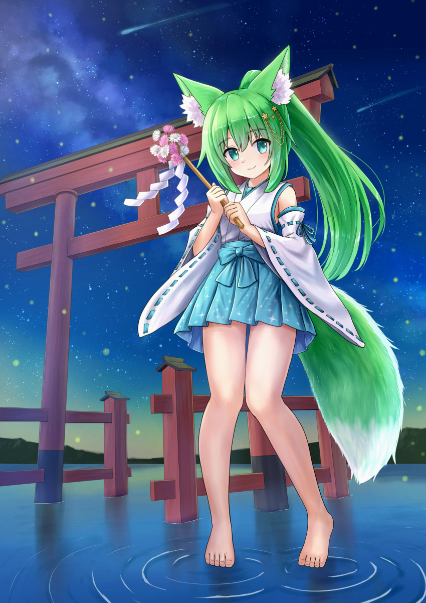 1girl absurdres animal_ear_fluff animal_ears bare_shoulders barefoot blue_eyes blue_hakama closed_mouth commission detached_sleeves falling_star flower fox_ears fox_girl fox_tail gohei green_hair hair_ornament hakama hakama_short_skirt hakama_skirt high_ponytail highres holding holding_stick iroha_(iroha_matsurika) japanese_clothes kimono long_hair long_sleeves miko night night_sky original outdoors pink_flower pixiv_commission ponytail purple_flower ribbon-trimmed_sleeves ribbon_trim ripples shooting_star skirt sky sleeveless sleeveless_kimono smile solo star_(sky) star_(symbol) star_hair_ornament starry_sky stick tail torii very_long_hair water white_flower white_kimono white_sleeves wide_sleeves