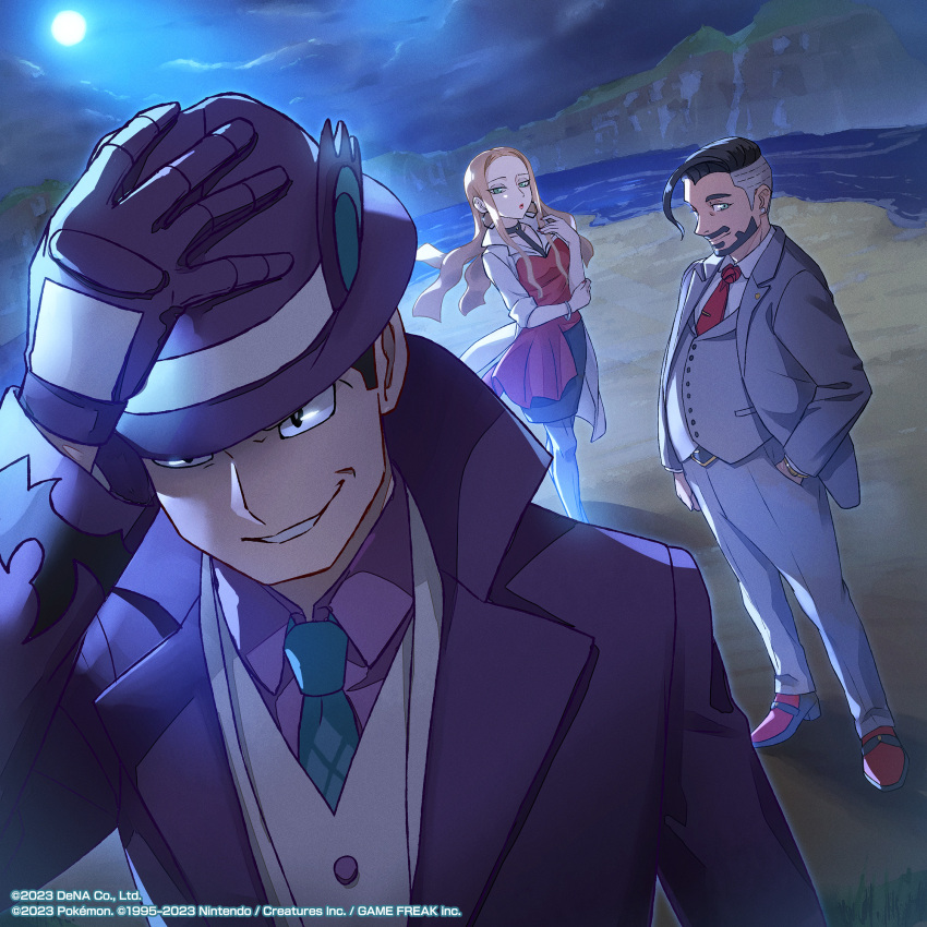 1girl 2boys artist_request beard black_eyes blonde_hair bright_pupils closed_mouth cloud coat collared_shirt commentary earrings facial_hair giovanni_(pokemon) giovanni_(sygna_suit)_(pokemon) green_necktie grey_jacket grey_pants grey_vest hand_in_pocket hat highres jacket jewelry long_hair moon multiple_boys necktie night official_art oleana_(pokemon) outdoors pants parted_lips pokemon pokemon_(game) pokemon_masters_ex pokemon_swsh red_footwear red_necktie rose_(pokemon) sand shirt shoes sidelocks sky smile standing undercut vest water white_shirt