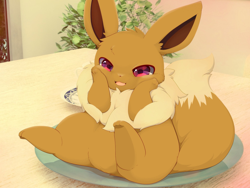 3_toes :3 ambiguous_gender brown_body brown_ears brown_fur brown_inner_ear brown_nose brown_tail canid colored cute_fangs detailed_background digital_media_(artwork) dipstick_tail eevee feet feral fluffy fluffy_tail front_view full-length_portrait fur furniture generation_1_pokemon glistening glistening_eyes hand_on_face hi_res hirochanu inside kemono looking_at_viewer mammal markings mixed_media monotone_ears multicolored_body multicolored_fur multicolored_tail neck_tuft nintendo on_plate on_table open_:3 open_mouth open_smile paws photo_background photography_(artwork) plant plant_pot plate pokemon pokemon_(species) portrait potted_plant pupils purple_eyes purple_pupils quadruped real ruff shaded sitting slightly_chubby smile solo table tail tail_markings tan_body tan_fur tan_tail tan_tail_tip three-quarter_view toes tuft two_tone_body two_tone_fur two_tone_tail