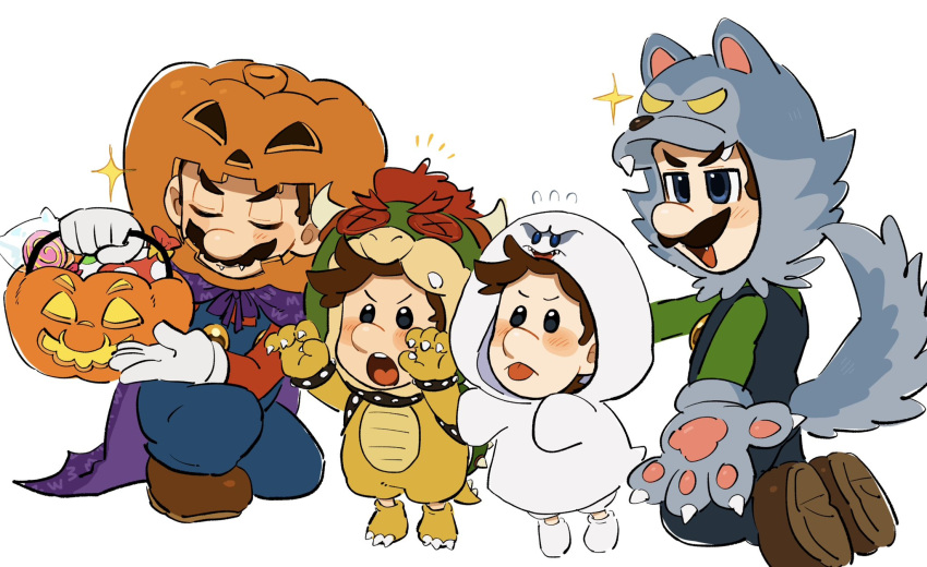 4boys animal_costume baby_luigi baby_mario basket big_nose blue_eyes blue_overalls boo_(mario) boo_(mario)_(cosplay) bowser bowser_(cosplay) brown_footwear brown_hair candy cape child claw_pose closed_eyes commentary cosplay facial_hair fangs food gloves green_shirt halloween highres jack-o'-lantern_head kneeling lollipop luigi mario mario_(series) mimimi_(mimimim9999) multiple_boys mustache open_mouth overalls purple_cape red_shirt shirt shoes simple_background symbol-only_commentary tail teeth toddler tongue tongue_out upper_teeth_only white_background white_gloves wolf_costume wolf_paws wolf_tail