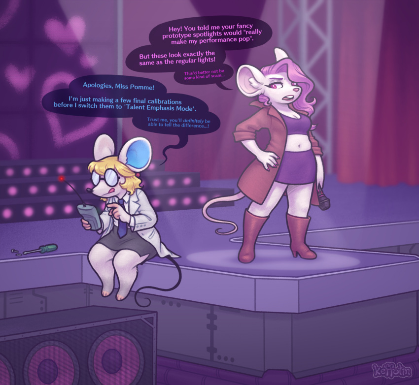 2023 animal_crossing anthro artist_name blonde_hair clothed clothing controller crossover dialogue digital_media_(artwork) duo english_text eyewear female glasses hair hi_res inner_ear_fluff inside keffotin mammal microphone midriff mouse murid murine nintendo open_mouth petri_(animal_crossing) pomme_(rivals_of_aether) purple_hair remote_control rivals_of_aether rodent screwdriver short_hair sitting speech_bubble stage tail text tools tuft
