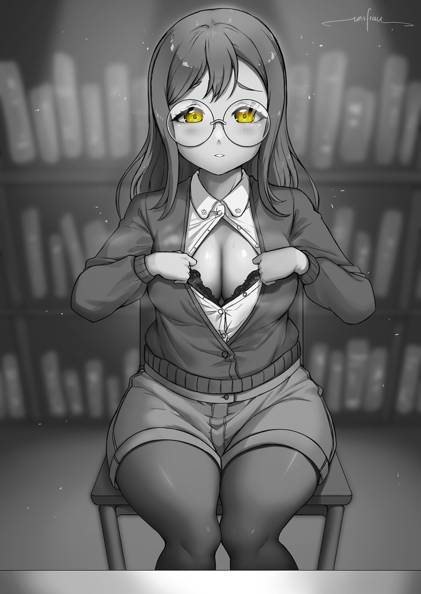 1girl artist_name blurry blurry_background blush book bookshelf bra_slip breasts cardigan chair cleavage dated dress_shirt glasses greyscale happy_birthday highres kunikida_hanamaru large_breasts long_hair looking_at_viewer love_live! love_live!_sunshine!! monochrome pants pantyhose parted_lips partially_unbuttoned round_eyewear shirt shorts sitting solo spot_color unbuttoned unbuttoned_shirt unbuttoning unsfrau yellow_eyes