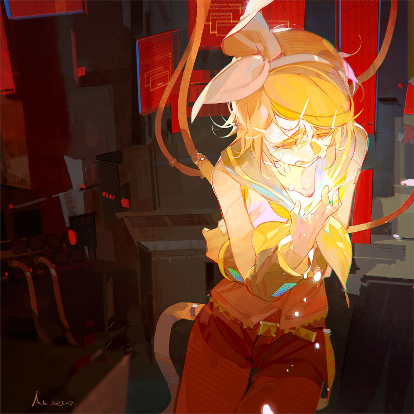 1girl a-shacho android bare_shoulders belt black_sailor_collar black_shorts black_sleeves blonde_hair bow cable closed_eyes clutching_chest cowboy_shot crying dated detached_sleeves glowing glowing_heart hair_bow hairband hand_on_own_chest highres joints kagamine_rin kokoro_(vocaloid) large_bow neckerchief open_mouth pantyhose red_pantyhose robot_joints sailor_collar self_hug shirt short_hair shorts signature solo tears thigh_gap vocaloid white_bow white_hairband white_shirt window_(computing) yellow_neckerchief