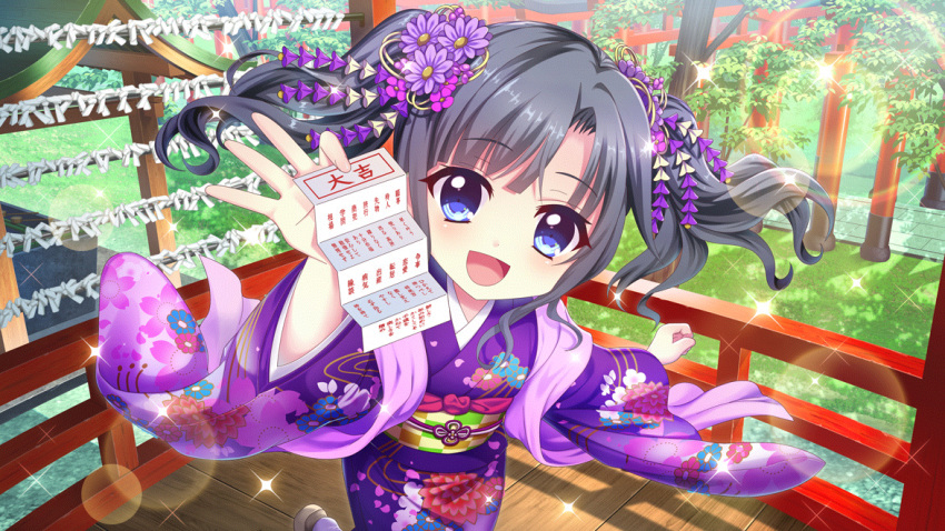 1girl architecture black_hair blue_eyes day dot_nose east_asian_architecture film_grain floral_print flower furisode game_cg grass hair_flower hair_ornament holding itsumura_yukari izumi_tsubasu japanese_clothes kimono lens_flare looking_at_viewer non-web_source obi official_art omikuji open_mouth outdoors print_kimono purple_flower purple_kimono re:stage! sash short_hair smile solo sparkle standing standing_on_one_leg swept_bangs translated tree twintails