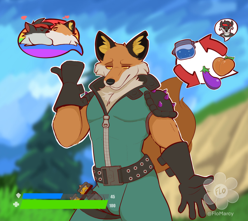 bulge canid canine canis clothing dire_(fortnite) epic_games fennix_(fortnite) flomarcy fortnite fox hi_res kissing male mammal meme solo treat yellow_eyes