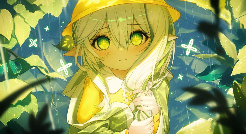 1girl blurry blurry_foreground blush braid closed_mouth collared_shirt commentary_request cross-shaped_pupils depth_of_field genshin_impact green_eyes green_hair green_jacket grey_hair h2o_(dfo) hair_between_eyes hat highres hood hood_down hooded_jacket jacket long_hair looking_at_viewer multicolored_hair nahida_(genshin_impact) pointy_ears rain school_hat shirt side_ponytail solo streaked_hair symbol-shaped_pupils yellow_headwear yellow_shirt