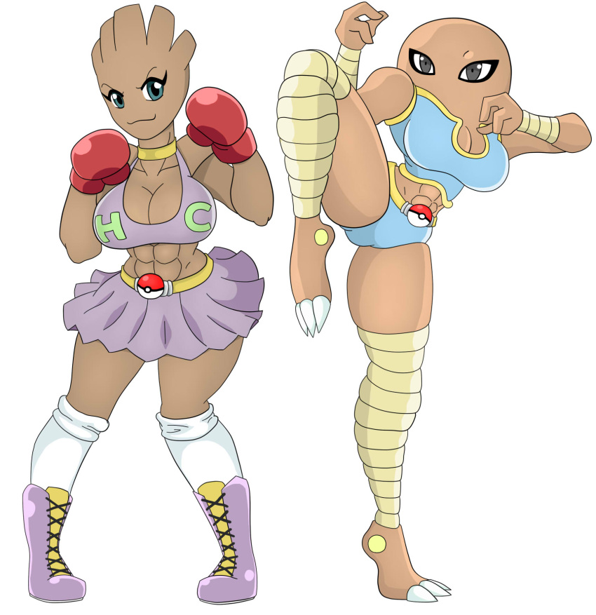 anthro big_breasts blue_eyes bottomwear breasts brown_body clothing collar duo female footwear generation_1_pokemon gloves grey_eyes handwear hi_res hitmonchan hitmonlee mouthless muscular muscular_female nintendo pokeball pokemon pokemon_(species) shirt shoes shorts simple_background skirt socks topwear urusee584 white_background