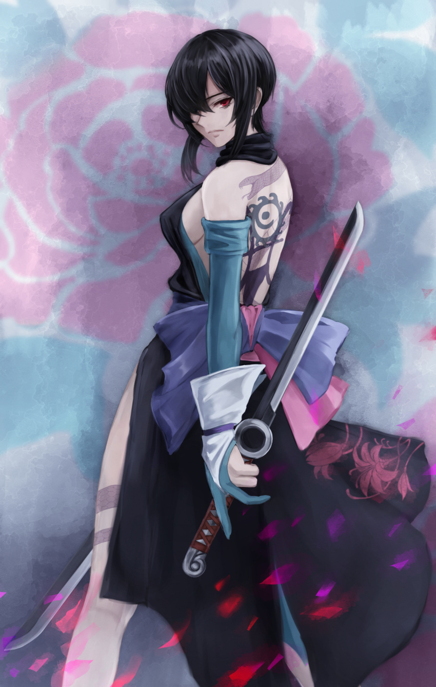 1girl akito1218 back back_tattoo backless_kimono bare_shoulders black_hair blue_eyes blue_gloves blue_kimono breasts closed_mouth elbow_gloves gloves heterochromia highres holding holding_sword holding_weapon japanese_clothes kimono partially_fingerless_gloves petals red_eyes samurai_spirits shiki_(samurai_spirits) short_hair short_sword sideboob solo sword tantou tattoo weapon