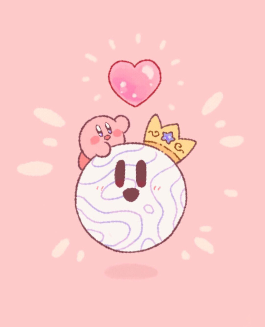 :d arm_up blue_eyes blush blush_stickers commentary_request crown harukui heart highres kirby kirby_(series) looking_at_viewer no_humans notice_lines on_head open_mouth pink_background simple_background smile star_(symbol) tilted_headwear void_soul
