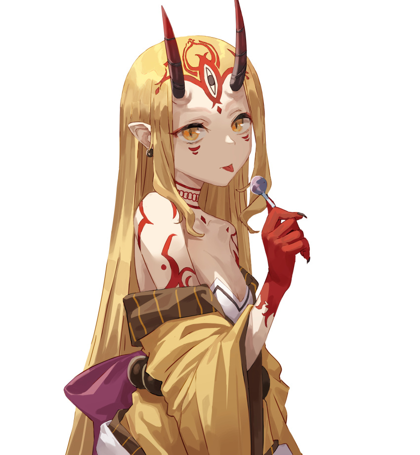 1girl absurdres bare_shoulders blonde_hair breasts candy cleavage earrings eyeliner facial_mark fate/grand_order fate_(series) fingernails food forehead_mark highres holding holding_candy holding_food holding_lollipop horns ibaraki_douji_(fate) japanese_clothes jewelry kimono lollipop long_hair looking_at_viewer makeup oni oni_horns pointy_ears sharp_fingernails simple_background slit_pupils small_breasts solo tattoo tesin_(7aehyun) tongue tongue_out very_long_hair white_background yellow_eyes yellow_kimono