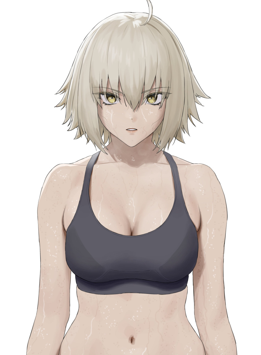 1girl absurdres ahoge black_sports_bra breasts carlo_montie cleavage eyes_visible_through_hair fate/grand_order fate_(series) grey_hair highres jeanne_d'arc_alter_(fate) large_breasts medium_hair navel solo sports_bra sweat upper_body yellow_eyes