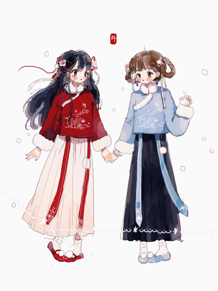 2girls :o ahoge animal_print black_eyes black_hair black_skirt blue_footwear blue_ribbon blue_shirt blush_stickers braided_hair_rings brown_hair chinese_clothes collar collared_shirt commentary english_commentary eyelashes fashion flower full_body fur-trimmed_shirt fur-trimmed_sleeves fur_collar fur_trim hair_flower hair_ornament hair_ribbon high_heels highres holding holding_hands holding_snowball long_hair long_skirt long_sleeves looking_at_another mary_janes multiple_girls open_mouth original pink_flower pink_skirt pom_pom_(clothes) pom_pom_hair_ornament pumps putong_xiao_gou rabbit_print red_footwear red_lips red_ribbon red_shirt ribbon shirt shoes short_hair skirt snowball snowing socks white_background white_collar white_socks