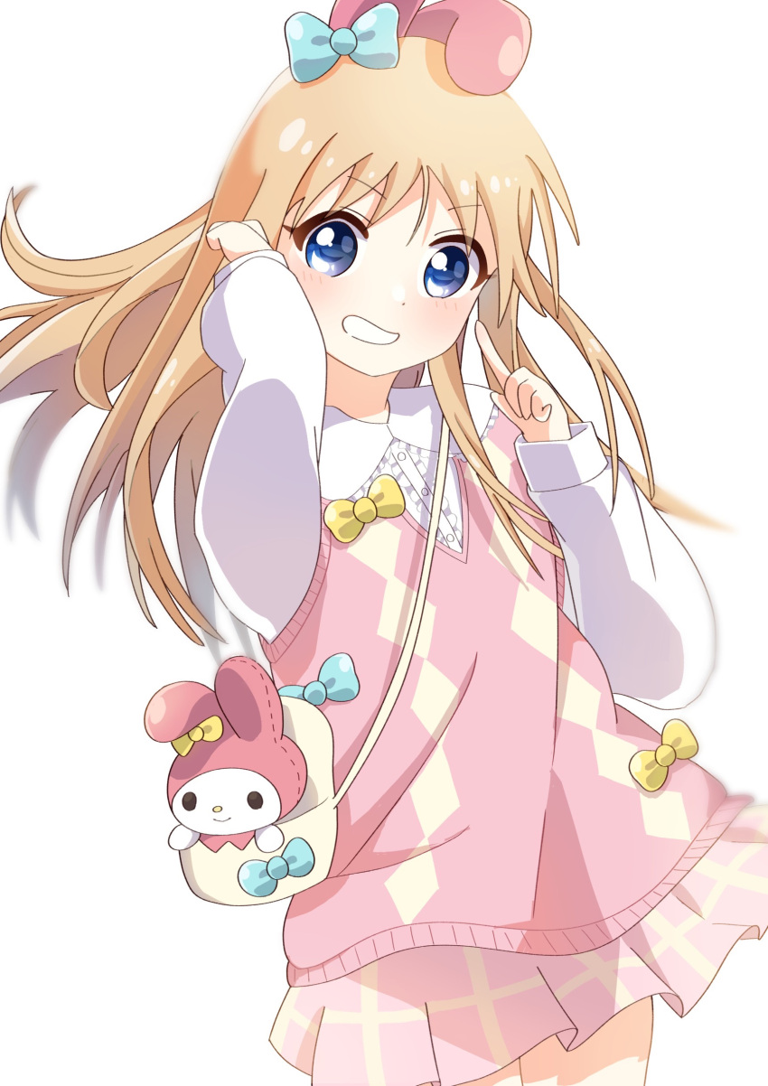 1girl absurdres animal_ears bag blonde_hair blue_bow blue_eyes blush bow center_frills closed_mouth commentary_request cowboy_shot fake_animal_ears frills grin hair_bow hands_up highres index_finger_raised long_hair long_sleeves looking_at_viewer my_melody niwakanabe official_alternate_costume onegai_my_melody open_mouth pink_skirt pink_vest plaid plaid_skirt pleated_skirt rabbit_ears simple_background skirt smile solo standing stuffed_animal stuffed_rabbit stuffed_toy toshinou_kyouko vest white_background yuru_yuri