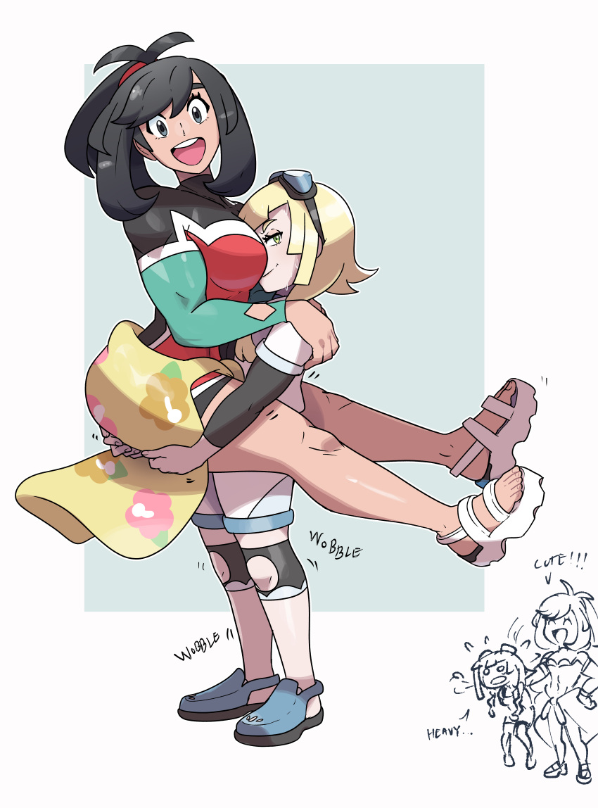 2girls abs absurdres aged_up black_hair blonde_hair blue_sky breasts carrying carrying_person english_text exhausted full_body had_a_dream_everyone_was_drawing_lesbian_ships_like_this_(meme) heavy height_difference highres jewelry juno_son lillie_(pokemon) long_sleeves looking_at_viewer medium_breasts meme multiple_girls muscular muscular_female necklace open_mouth pokemon pokemon_(game) pokemon_sm ponytail selene_(pokemon) simple_background sky smile struggling sweat swimsuit thick_thighs thighs tight_clothes trembling yuri