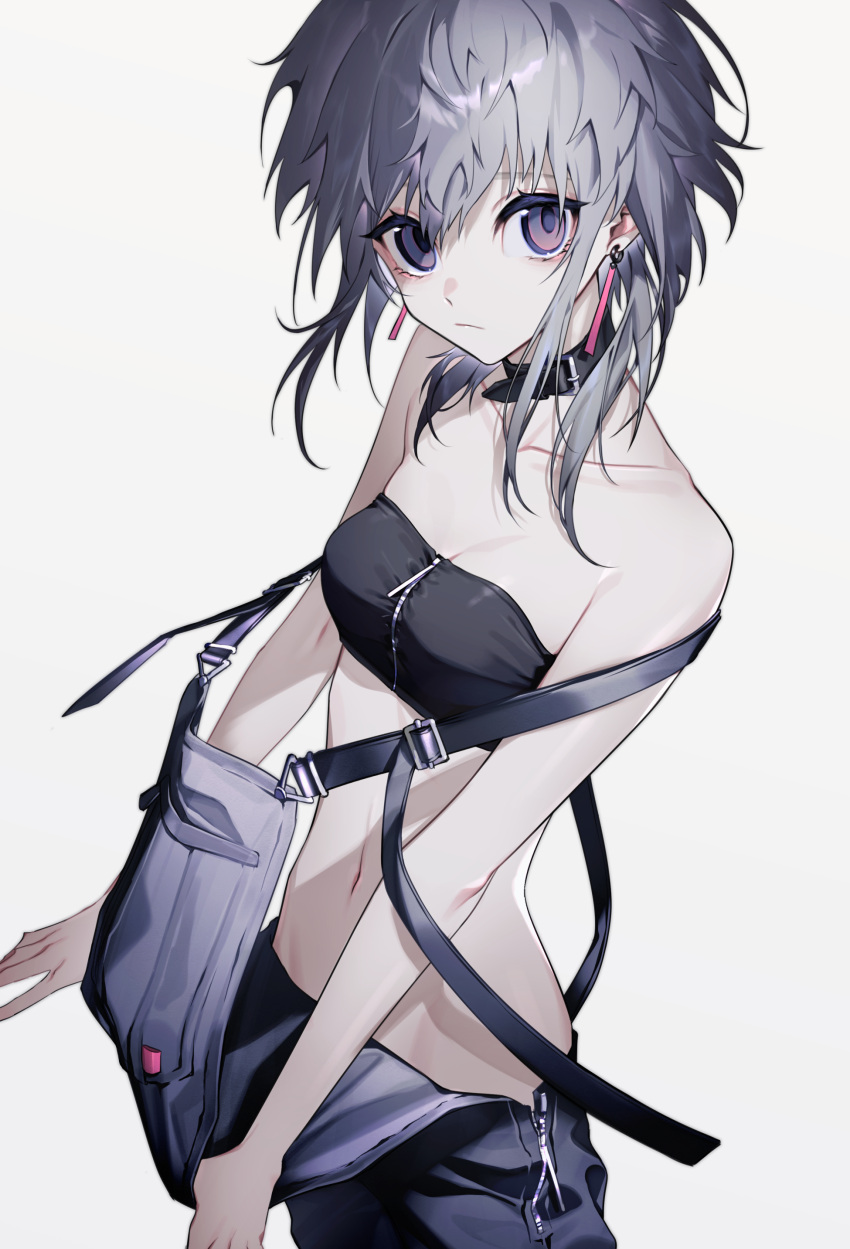 1girl absurdres black_tube_top breasts choker closed_mouth collarbone earrings eyelashes haizome_senri highres jewelry looking_at_viewer messy_hair original overalls overalls_pull pulled_by_self purple_eyes purple_hair short_hair_with_long_locks simple_background solo strapless tube_top white_background zipper