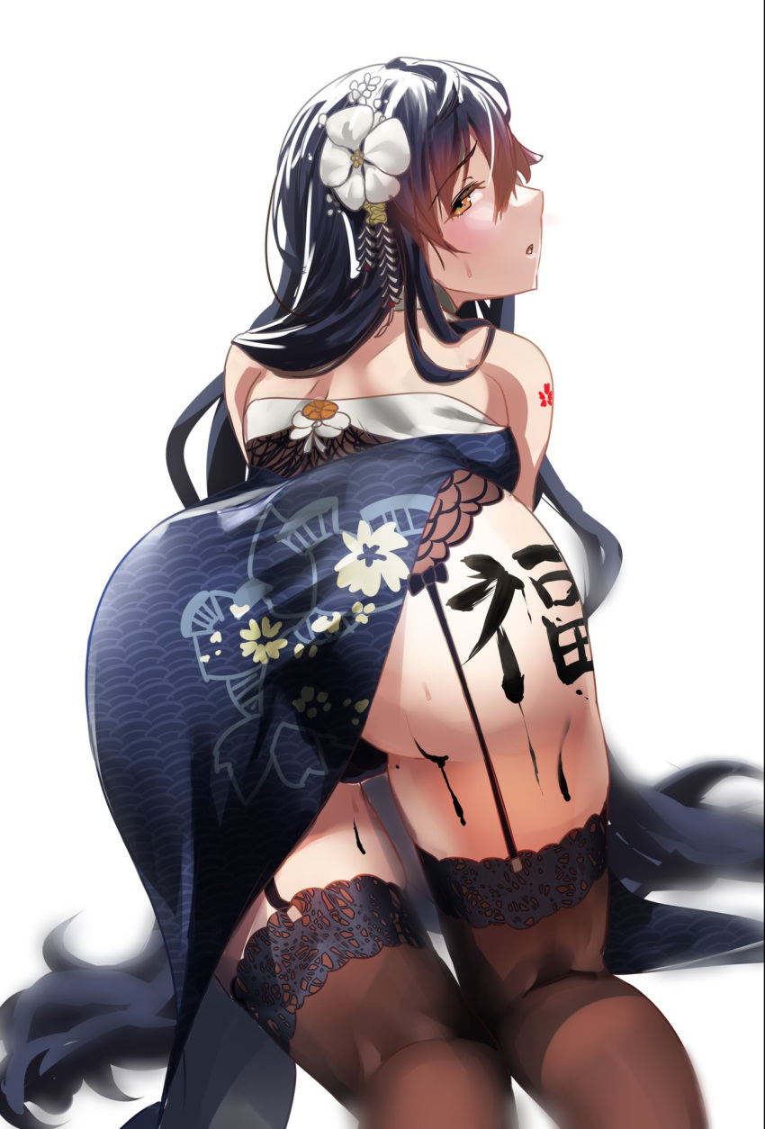 all_fours ass ass_focus azuma_(azur_lane) azuma_(soft_voice_of_spring)_(azur_lane) azur_lane black_hair black_panties black_thighhighs body_writing china_dress chinese_clothes dress flower garter_straps highres ink_stain kagiyama_(clave) long_hair looking_at_viewer open_mouth orange_eyes panties sakura_empire_(emblem) thighhighs thighs underwear very_long_hair white_background white_flower