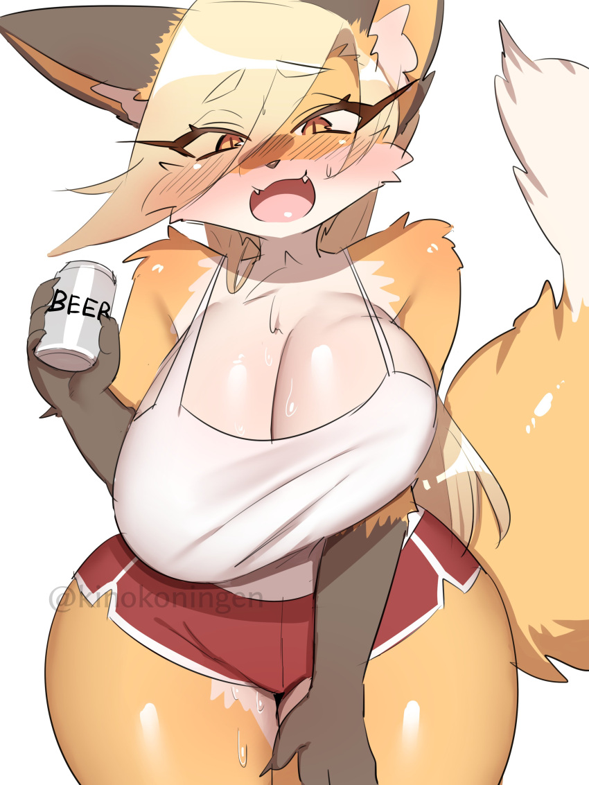 2023 3:4 4_fingers absurd_res alcohol anthro beer beverage beverage_can big_breasts blonde_hair blush blush_lines bodily_fluids bottomwear breasts brown_body brown_fur canid canine claws cleavage clothed clothing cute_fangs digital_media_(artwork) dipstick_tail eye_through_hair female female_anthro finger_claws fingers fox fox's_sister_(kinokoningen) fur hair hi_res holding_object hotpants kemono kinokoningen mammal markings multicolored_body multicolored_fur open_mouth orange_body orange_fur shirt shorts solo sweat sweatdrop tail tail_markings tank_top thick_thighs tongue topwear translucent translucent_hair white_body white_fur wide_hips