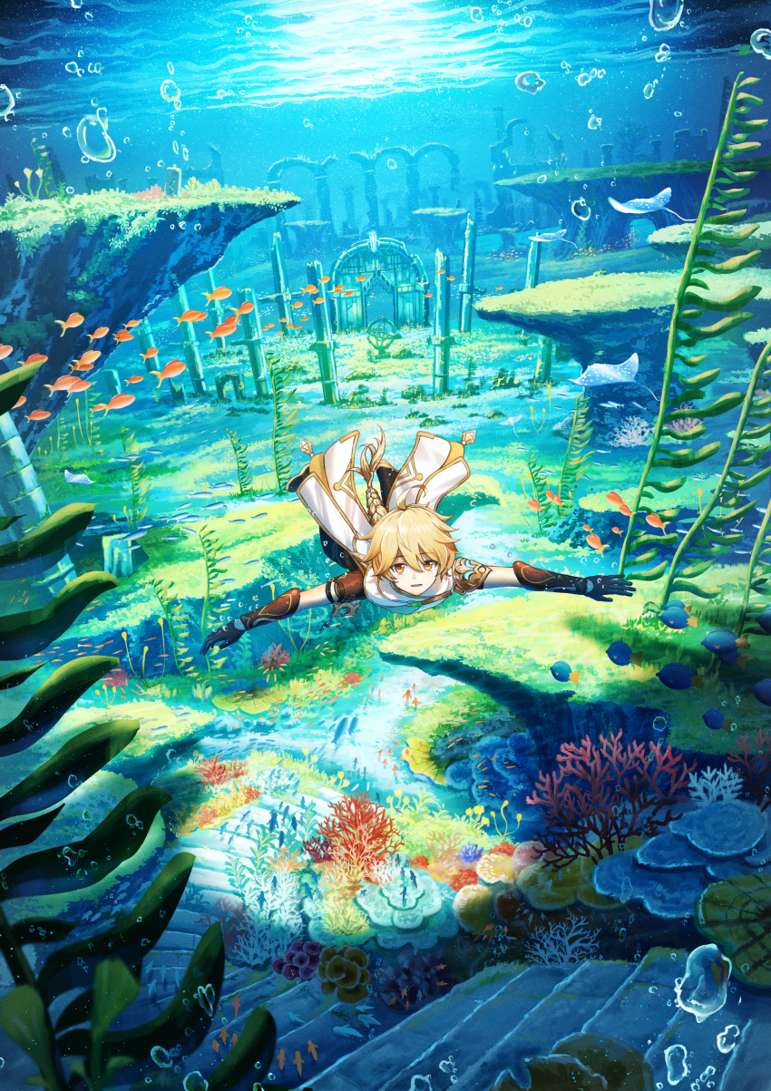 1boy absurdres aether_(genshin_impact) blonde_hair braid coral fish genshin_impact gloves highres long_hair looking_at_viewer ocean scarf scenery seafloor seaweed shuu_illust solo stairs sunlight swimming underwear water yellow_eyes