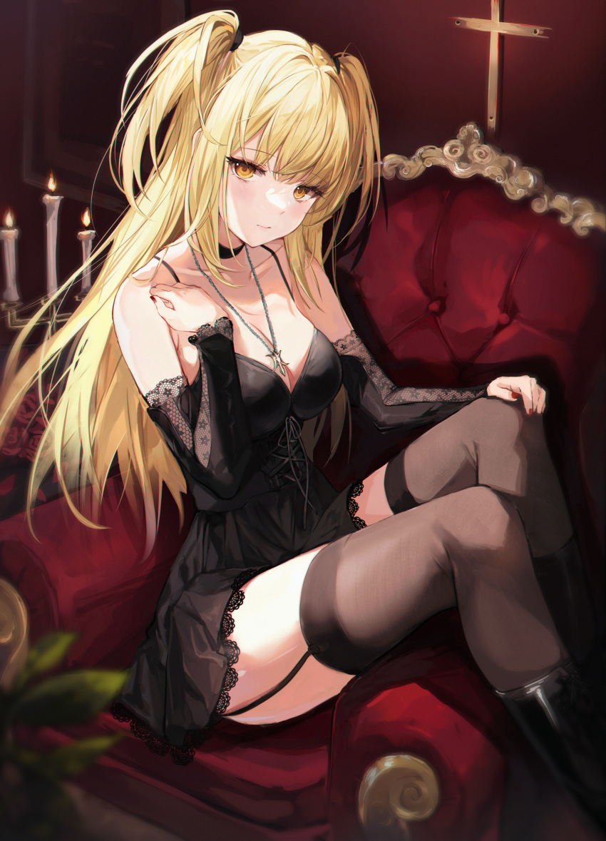 1girl absurdres amane_misa bare_shoulders black_choker black_dress black_ribbon blonde_hair boots breasts candle choker cleavage commentary_request cross death_note detached_sleeves dress expressionless from_side front-tie_top frown garter_straps gothic_lolita hand_on_own_knee hand_up highres hum_(ten_ten) indoors jewelry knees_up lace-trimmed_dress lace_trim lolita_fashion long_hair looking_at_viewer medium_breasts nail_polish necklace on_chair red_nails ribbon sitting_sideways solo spaghetti_strap thighs two_side_up yellow_eyes