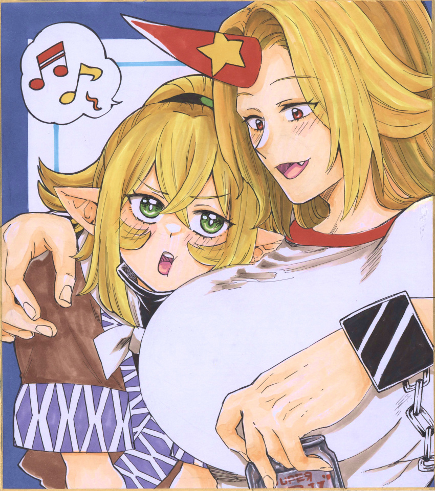 2girls absurdres beer_can black_shirt blonde_hair blue_background blush breasts bright_pupils brown_shirt can cheek_squash commentary_request cuffs fang green_eyes hair_between_eyes high_ponytail highres holding holding_can horns hoshiguma_yuugi large_breasts long_hair looking_at_another looking_to_the_side matsuri_kyuuta medium_bangs mizuhashi_parsee multiple_girls musical_note open_mouth pointy_ears red_eyes red_horns round_teeth shackles shirt short_hair short_ponytail short_sleeves single_horn smile spoken_musical_note star_(symbol) t-shirt teeth touhou traditional_media undershirt upper_body upper_teeth_only white_pupils white_shirt yuri