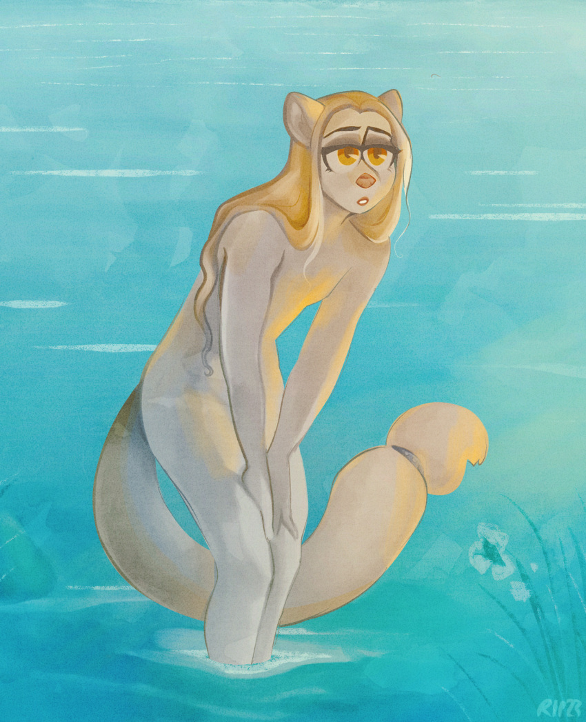 anthro blonde_hair canid canine canis domestic_dog fleetwoodbrak girly hair half-closed_eyes hi_res long_hair male mammal narrowed_eyes nude partially_submerged pinup pose solo standing_in_water tasteful_nudity