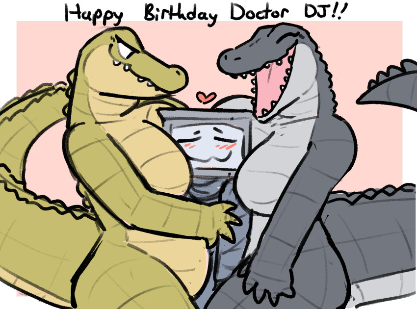 &lt;3 alligator alligatorid anthro big_breasts blush breasts crocodilian dubindore eyes_closed featureless_breasts female green_body green_scales grey_body grey_scales group happy happy_birthday head_between_breasts hi_res humanoid larger_female male male/female olivia_(doctordj) open_mouth reptile scales scalie size_difference smaller_male smile tail thick_tail trio