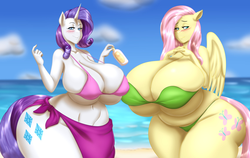 anthro anthrofied beach big_breasts bikini blues64 breast_size_difference breasts cleavage clothed clothing duo equid equine female fluttershy_(mlp) friendship_is_magic hasbro hi_res horn huge_breasts hyper hyper_breasts mammal marauder6272 my_little_pony pegasus rarity_(mlp) seaside swimwear thick_thighs unicorn wings