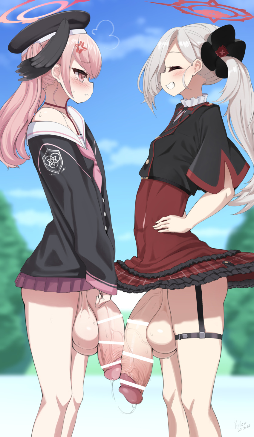 2girls absurdres anger_vein bar_censor black_headwear black_shirt blue_archive blurry blurry_background blush breasts censored flower from_side futa_with_futa futanari grey_hair grin hair_flower hair_ornament halo hand_on_own_hip hat highres huge_penis huge_testicles koharu_(blue_archive) long_hair looking_at_another multiple_girls multiple_penises mutsuki_(blue_archive) neckerchief nnilaee penis penis_size_difference penises_touching pink_eyes pink_hair pink_neckerchief pink_skirt pleated_skirt precum precum_string red_skirt shirt side_ponytail skirt small_breasts smile standing testicles veins veiny_penis