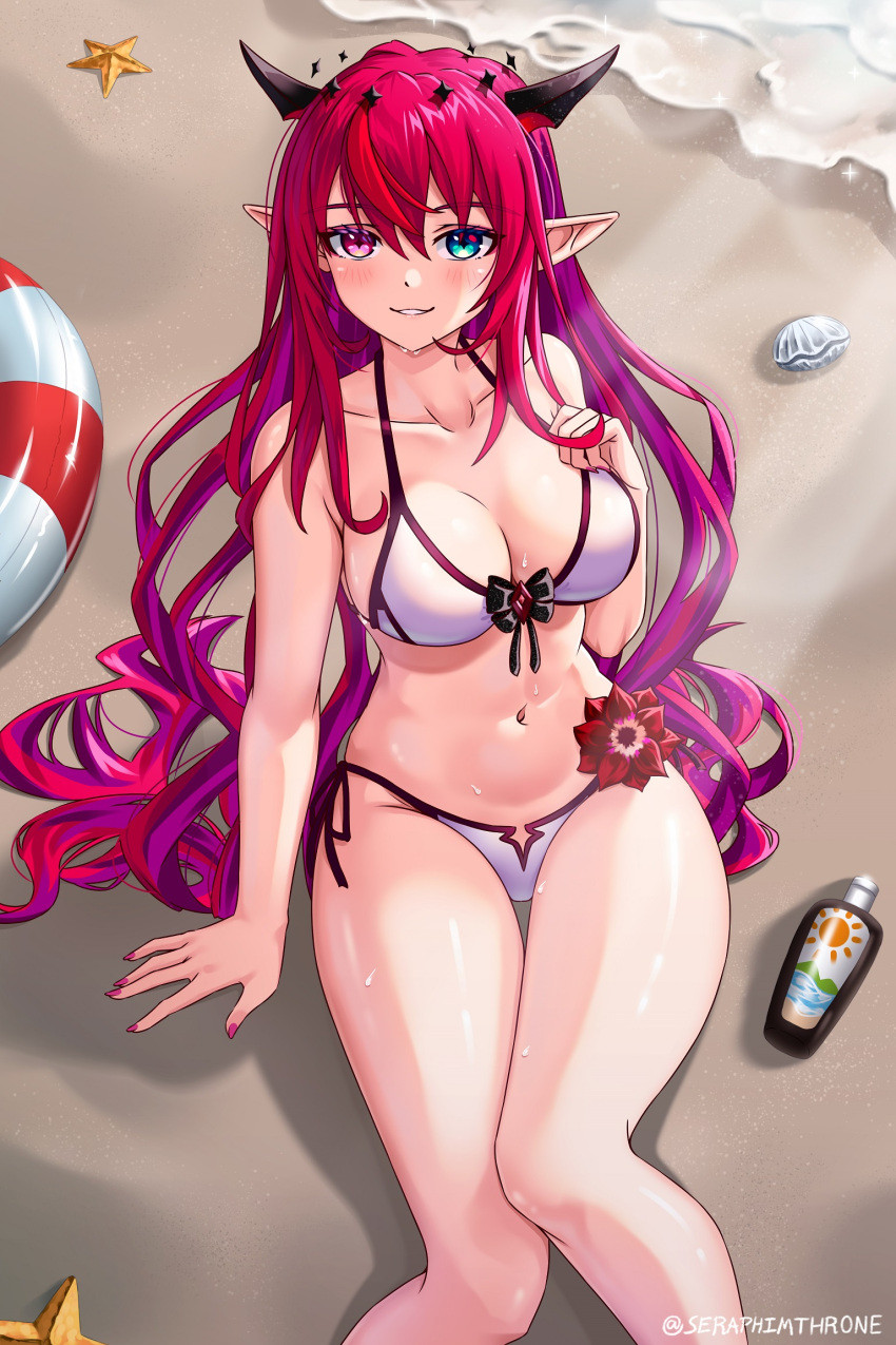 1girl beach bikini black_ribbon blue_eyes breasts clam cleavage collarbone demon_horns double_halo flower hair_between_eyes halo hand_on_ground heterochromia highres hololive hololive_english horns irys_(hololive) knees lifebuoy long_hair looking_at_viewer lotion medium_breasts multicolored_hair nail_polish navel parted_lips pink_nails pointy_ears purple_eyes red_flower red_hair ribbon sand seraphim_throne side-tie_bikini_bottom solo star_halo starfish streaked_hair sunscreen swept_bangs swimsuit thighs very_long_hair virtual_youtuber water wet white_bikini
