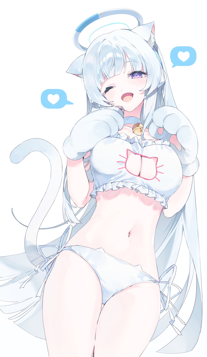 1girl absurdres animal_ear_fluff animal_ears animal_hands bell blue_archive blue_hair blunt_bangs breasts cat_cutout cat_ears cat_girl cat_lingerie cat_tail choker cleavage_cutout clothing_cutout commentary cowboy_shot fang frilled_tube_top gloves halo headgear heart highres kemonomimi_mode large_breasts light_blue_hair long_hair looking_at_viewer mechanical_halo meme_attire meunhongcha midriff navel neck_bell noa_(blue_archive) one_eye_closed open_mouth panties parted_bangs paw_gloves purple_eyes side-tie_panties simple_background skin_fang solo spoken_heart tail thigh_gap thighs underwear very_long_hair white_background white_choker white_halo