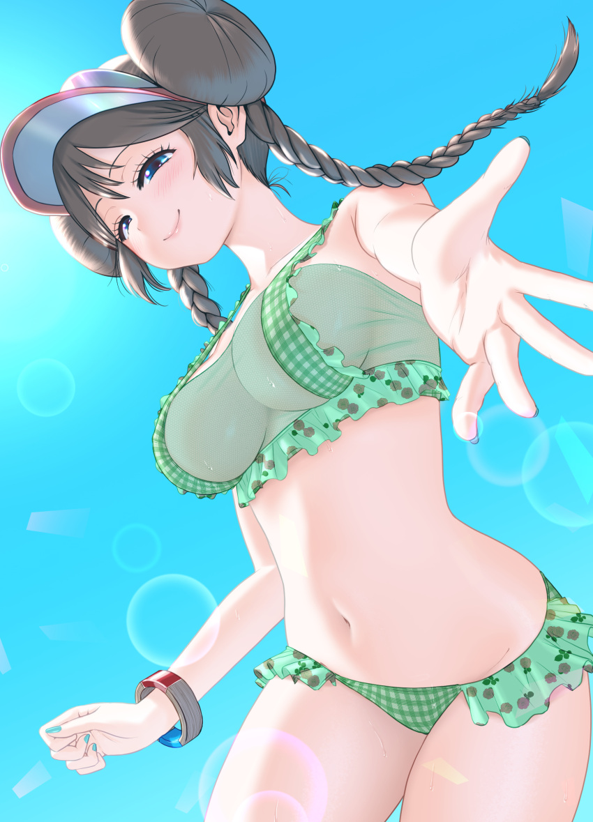 1girl absurdres aqua_nails bikini blue_eyes blue_sky bracelet breasts brown_hair closed_mouth day double_bun doughnut_hair_bun floating_hair frilled_bikini frills green_bikini hadairo_rainbow hair_bun highres jewelry large_breasts lens_flare long_hair looking_at_viewer navel open_hand outdoors outstretched_arm plaid plaid_bikini pokemon pokemon_(game) pokemon_bw2 rosa_(pokemon) sky smile solo stomach sunlight swimsuit thighs twintails visor_cap