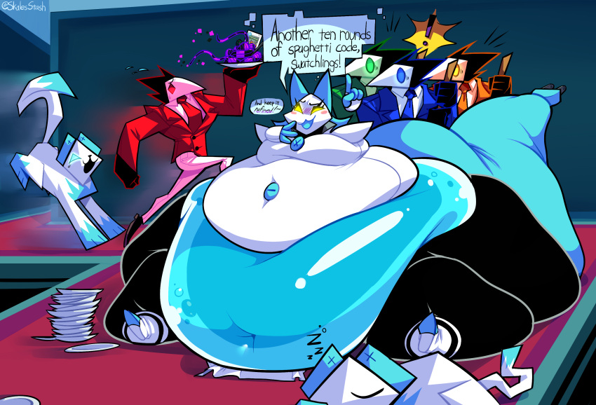 absurd_res anthro avian belly big_belly blue_tail blush bottom_heavy cable_tail clothed clothing deltarune english_text eyelashes fat_legs felid feline female floating_hands food group hi_res huge_belly machine mammal morbidly_obese morbidly_obese_anthro morbidly_obese_female obese obese_anthro obese_female overweight overweight_anthro overweight_female plate robot running serving skalesstash swatchling tail tasque tasque_manager text thick_tail undertale_(series) waiter yellow_eyes