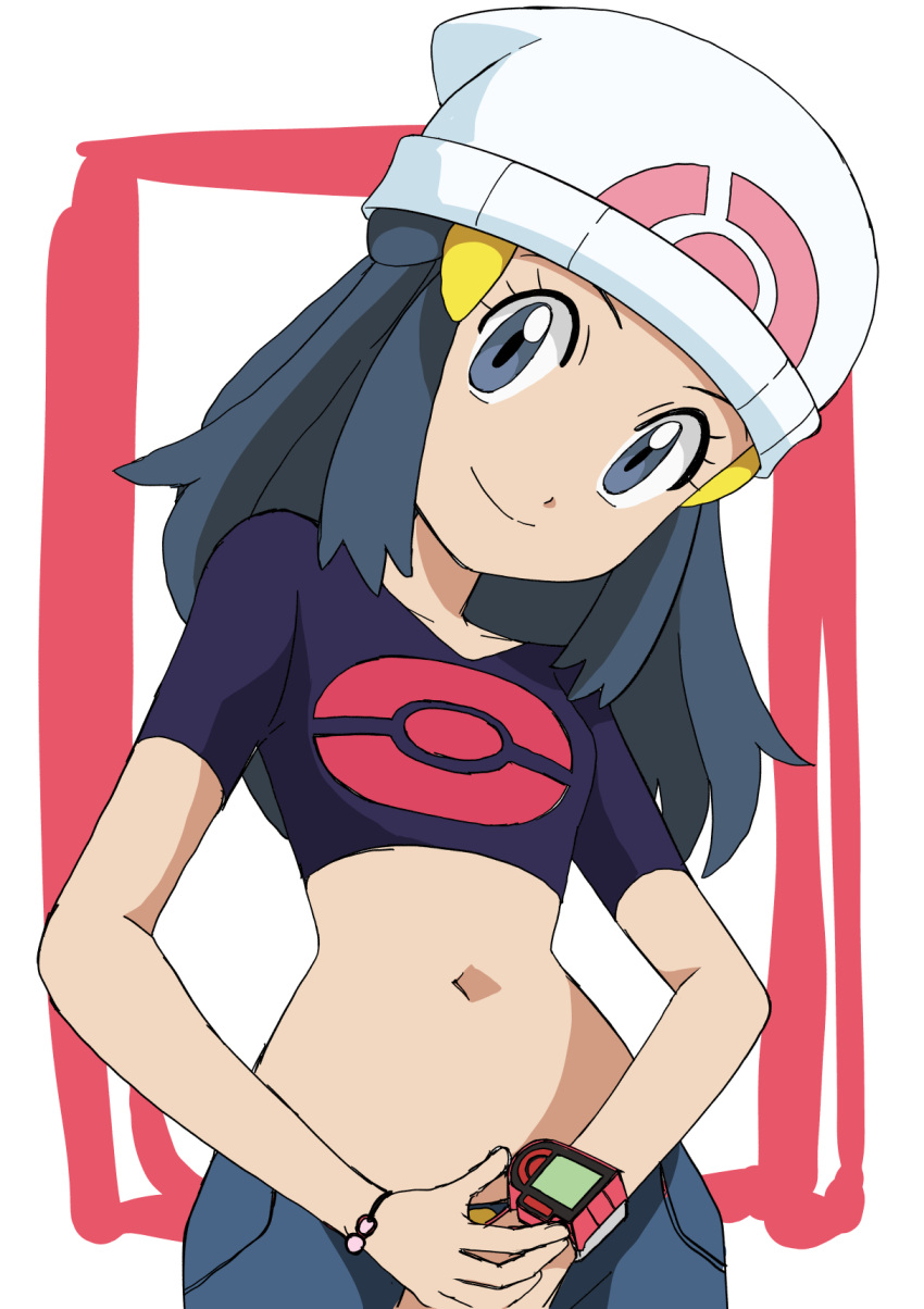 1girl alternate_costume beanie black_hair bracelet closed_mouth collarbone commentary_request cropped_shirt dawn_(pokemon) eyelashes grey_eyes hainchu hair_ornament hairclip hat head_tilt highres jewelry long_hair looking_at_viewer midriff navel poke_ball_print pokemon pokemon_(anime) poketch purple_shirt shirt short_sleeves shorts sidelocks smile solo split_mouth watch white_background white_headwear wristwatch