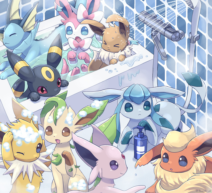 &gt;_&lt; bath bathing bathroom bathtub blue_eyes brown_eyes bubble closed_eyes closed_mouth eevee espeon flareon glaceon highres hose ibusaki_(ivu) jolteon leafeon open_mouth partially_submerged pokemon pokemon_(creature) purple_eyes red_eyes shampoo_bottle shower_head sylveon tiles umbreon vaporeon washing_hair wet