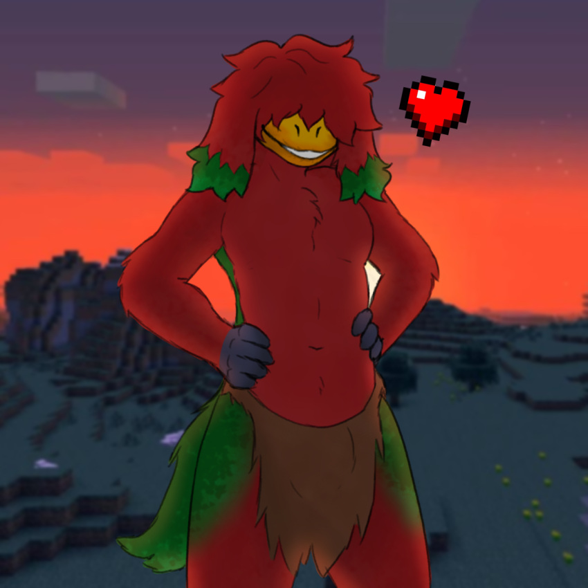 &lt;3 anthro bottomwear clothing fur hair hair_over_eyes hi_res kawattame loincloth male microsoft minecraft mojang moss muscular muscular_male plant red_body red_fur smile sniffer solo standing sunset tail xbox_game_studios
