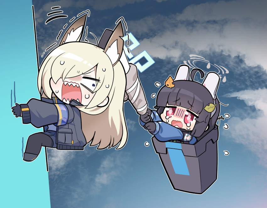 2girls ahoge animal_ear_fluff animal_ears armband black_gloves black_hair blonde_hair blue_archive blunt_bangs chibi cloud commentary dog_ears extra_ears fake_animal_ears fang flying_sweatdrops fox_ears fox_tail getting_over_it gloves gun halo highres holding holding_weapon in_container in_trash_can jacket kanna_(blue_archive) leaf leaf_on_head long_hair long_sleeves looking_at_another miyu_(blue_archive) multiple_girls nemoga open_mouth outdoors parody rabbit_ears recycle_bin red_eyes scared school_uniform shaded_face sweat sweating_profusely symbol-only_commentary tail tearing_up tears trash_can weapon